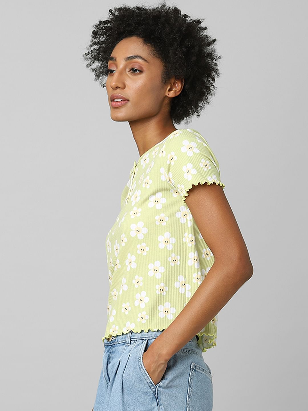 Green Floral Ribbed T-Shirt