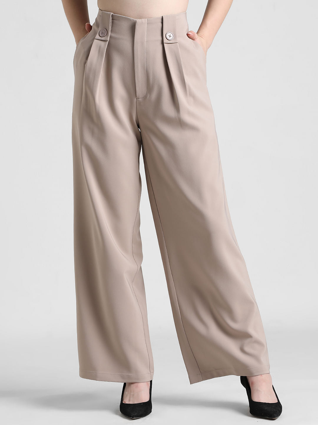 Beige High Rise Tailored Pants
