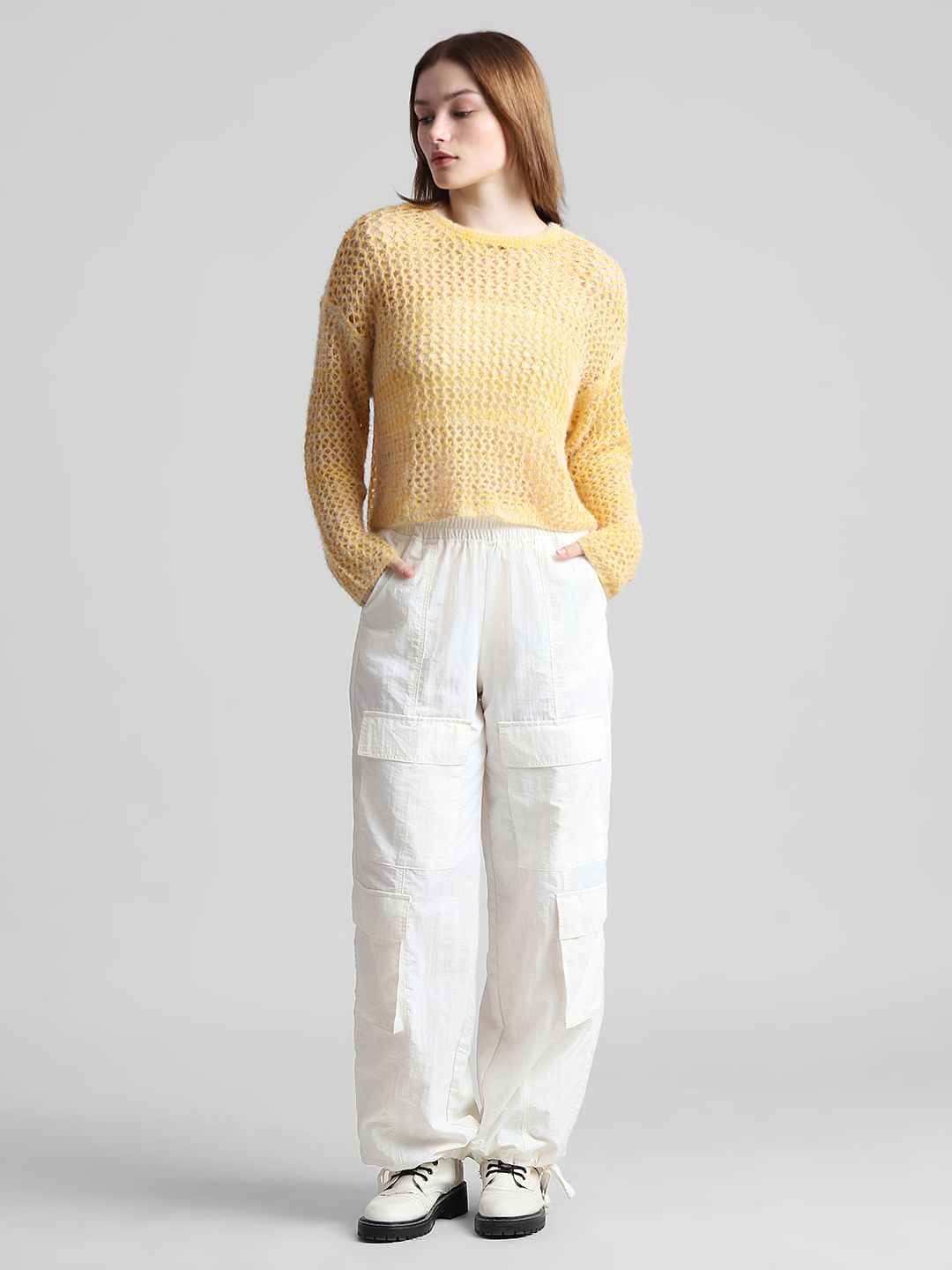 Yellow Hole-Knit Pullover