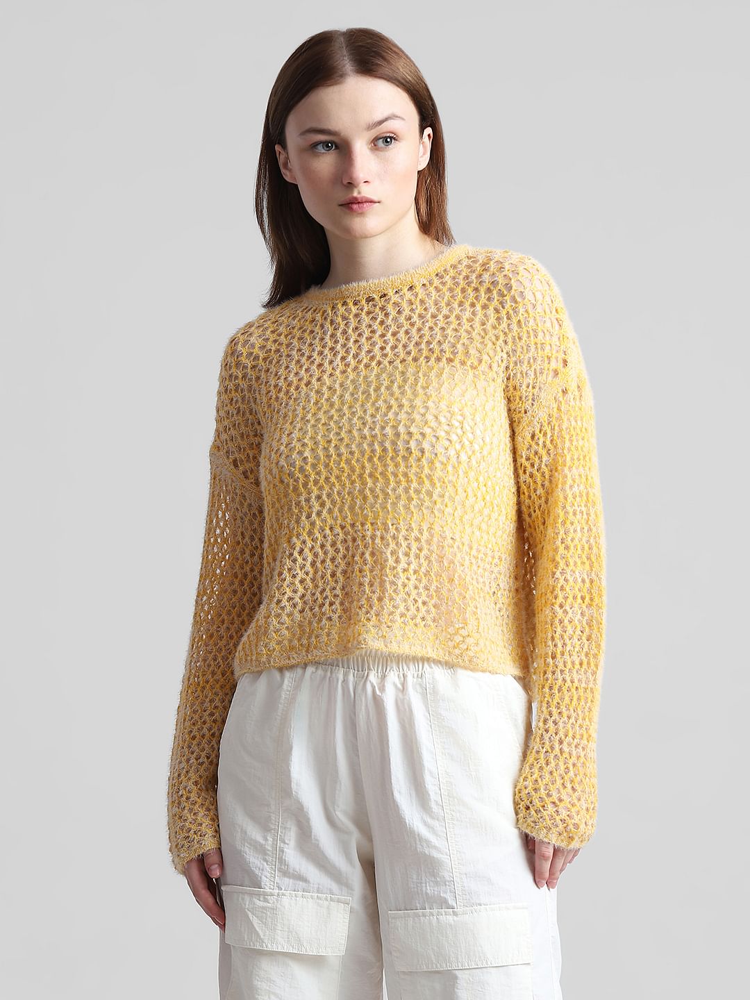 Yellow Hole-Knit Pullover