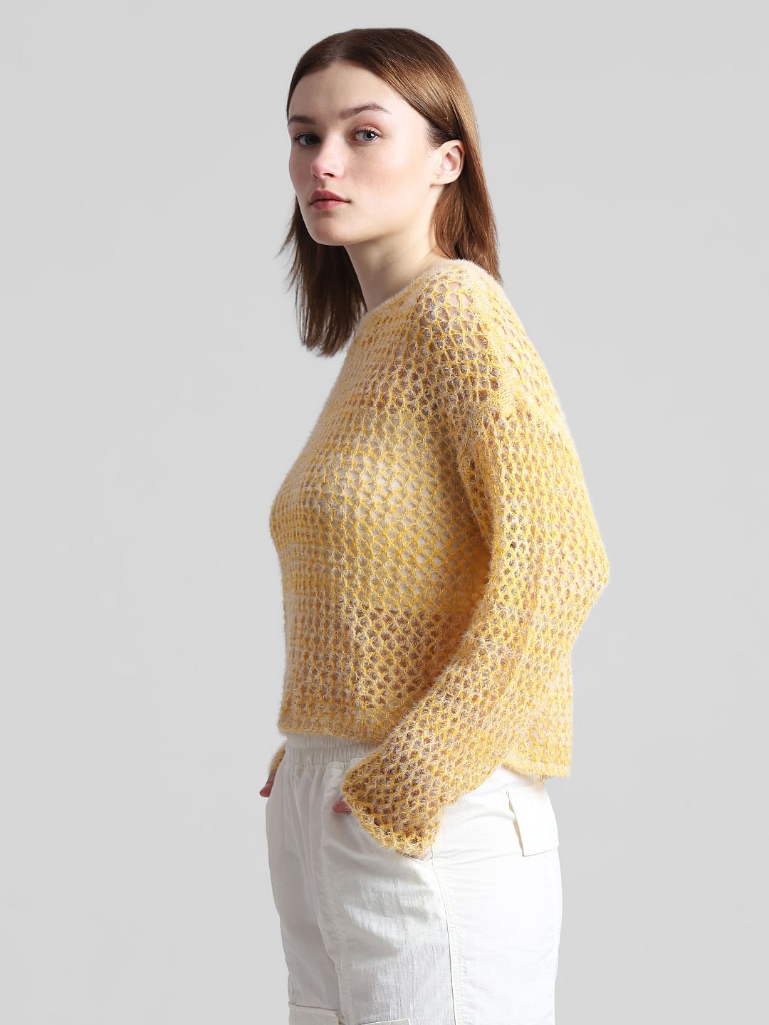 Yellow Hole-Knit Pullover