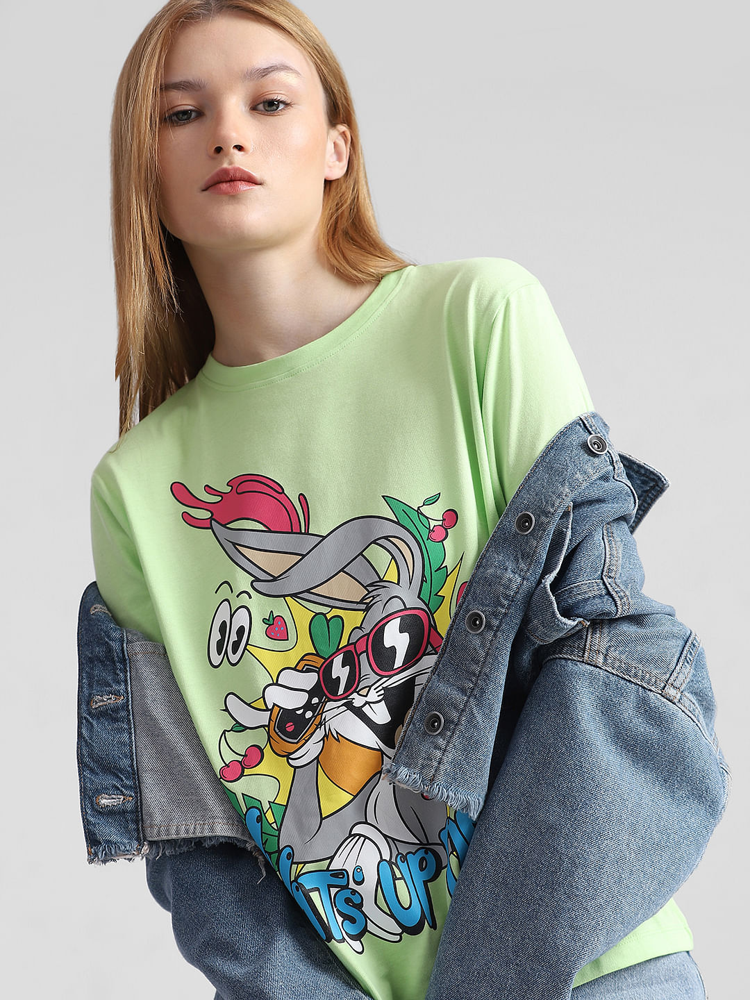 Only X Looney Tunes Fluorescent Green Printed T-Shirt