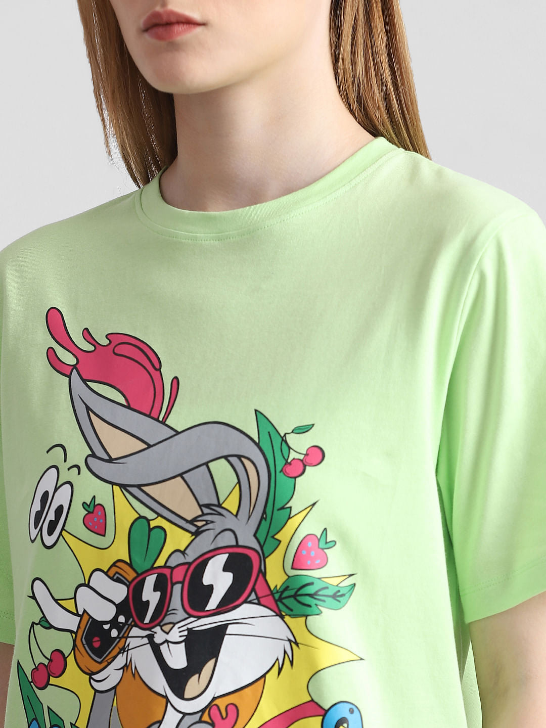 Only X Looney Tunes Fluorescent Green Printed T-Shirt