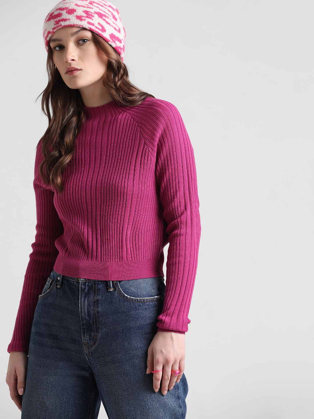 Dark Fuchsia Rib-Knit Fitted Pullover