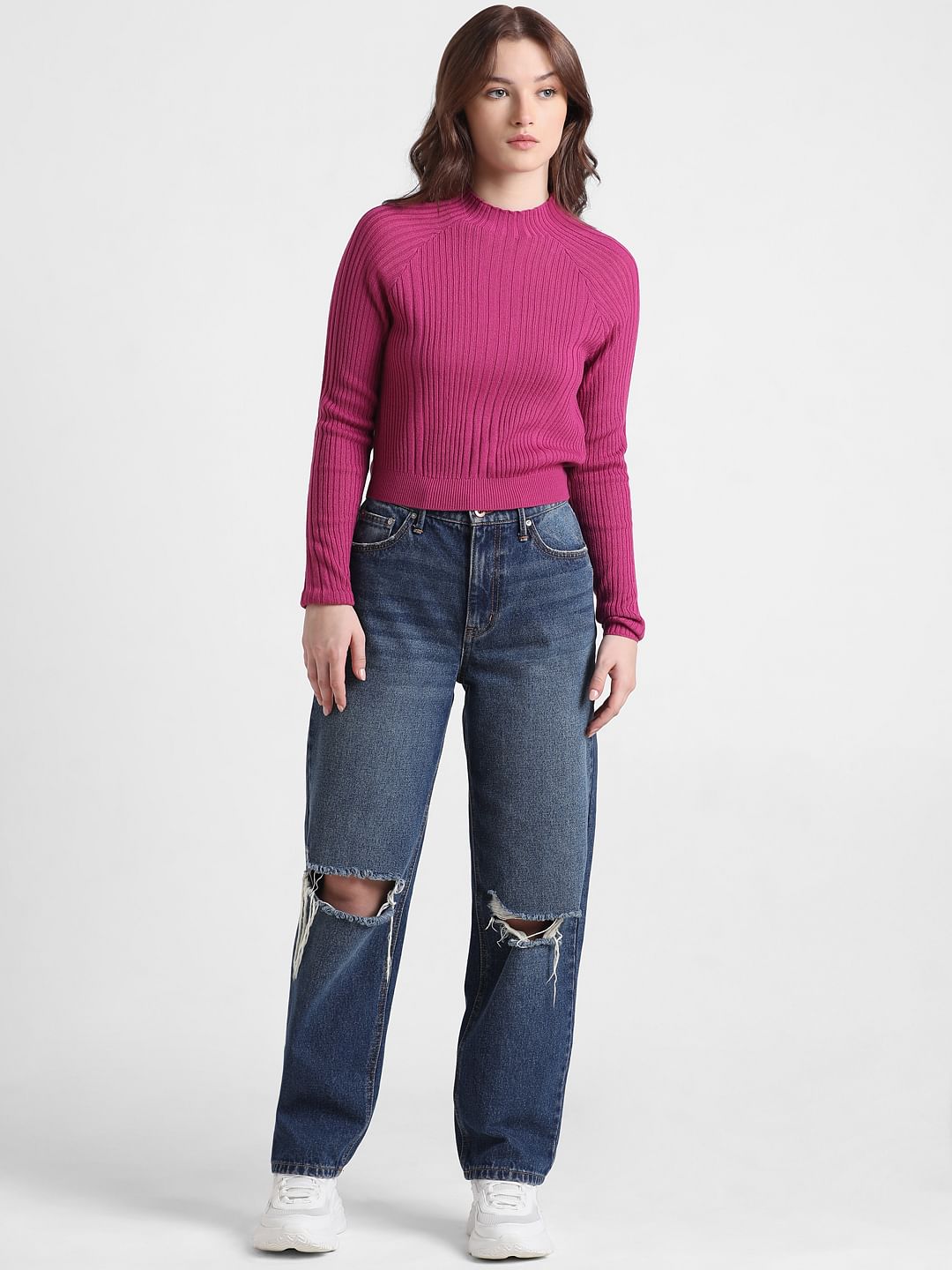 Dark Fuchsia Rib-Knit Fitted Pullover