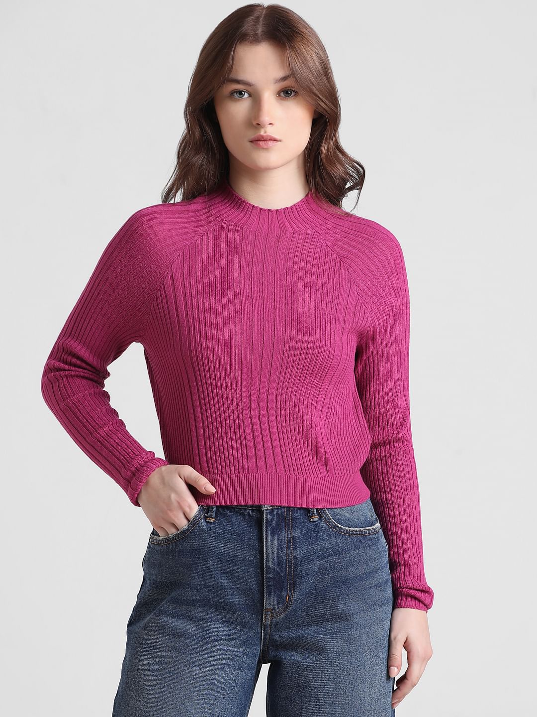 Dark Fuchsia Rib-Knit Fitted Pullover