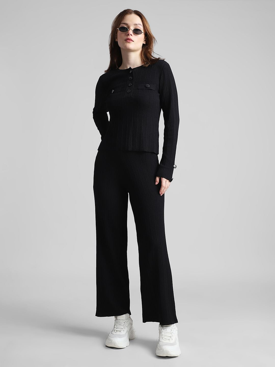 Black High Rise Rib-Knit Pants