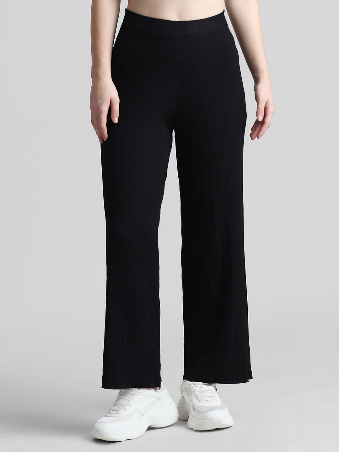 Black High Rise Rib-Knit Pants