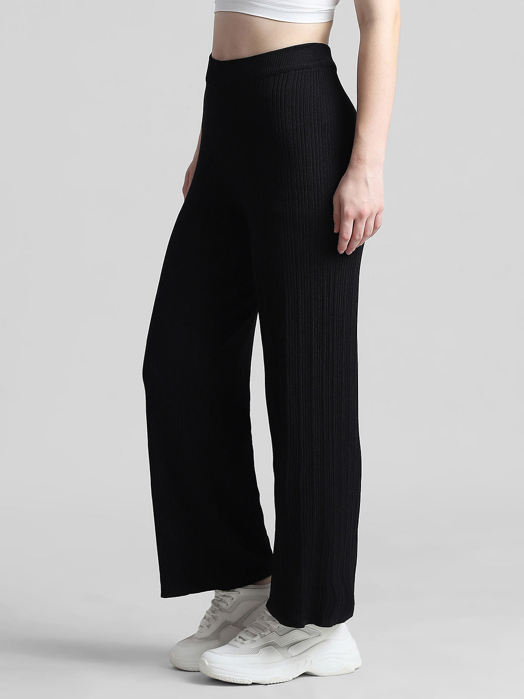 Black High Rise Rib-Knit Pants