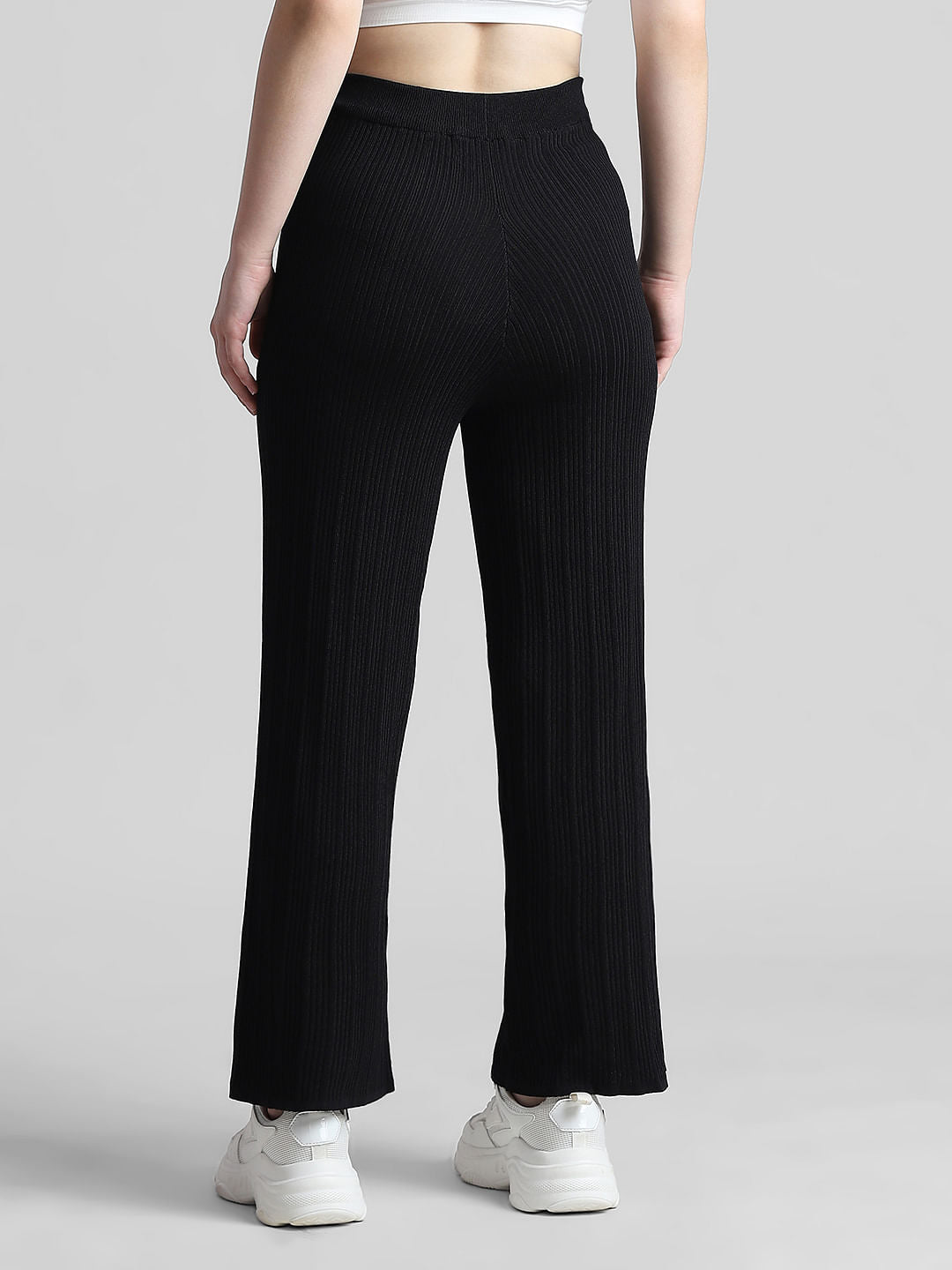 Black High Rise Rib-Knit Pants