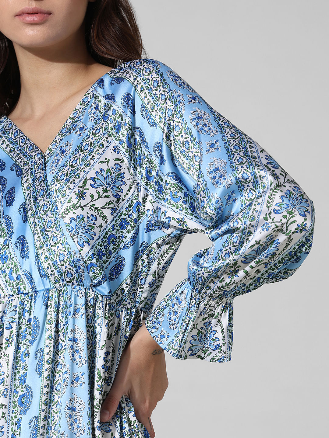 Blue Printed Satin Wrap Dress