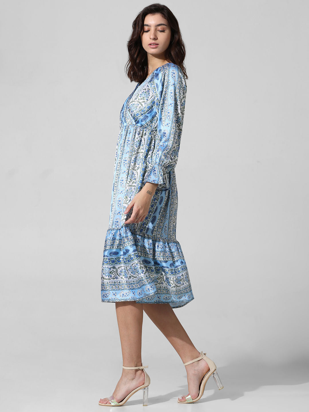Blue Printed Satin Wrap Dress