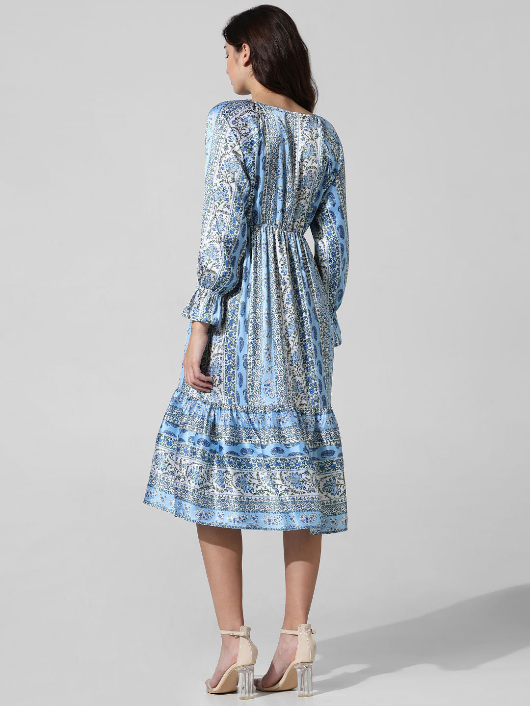 Blue Printed Satin Wrap Dress