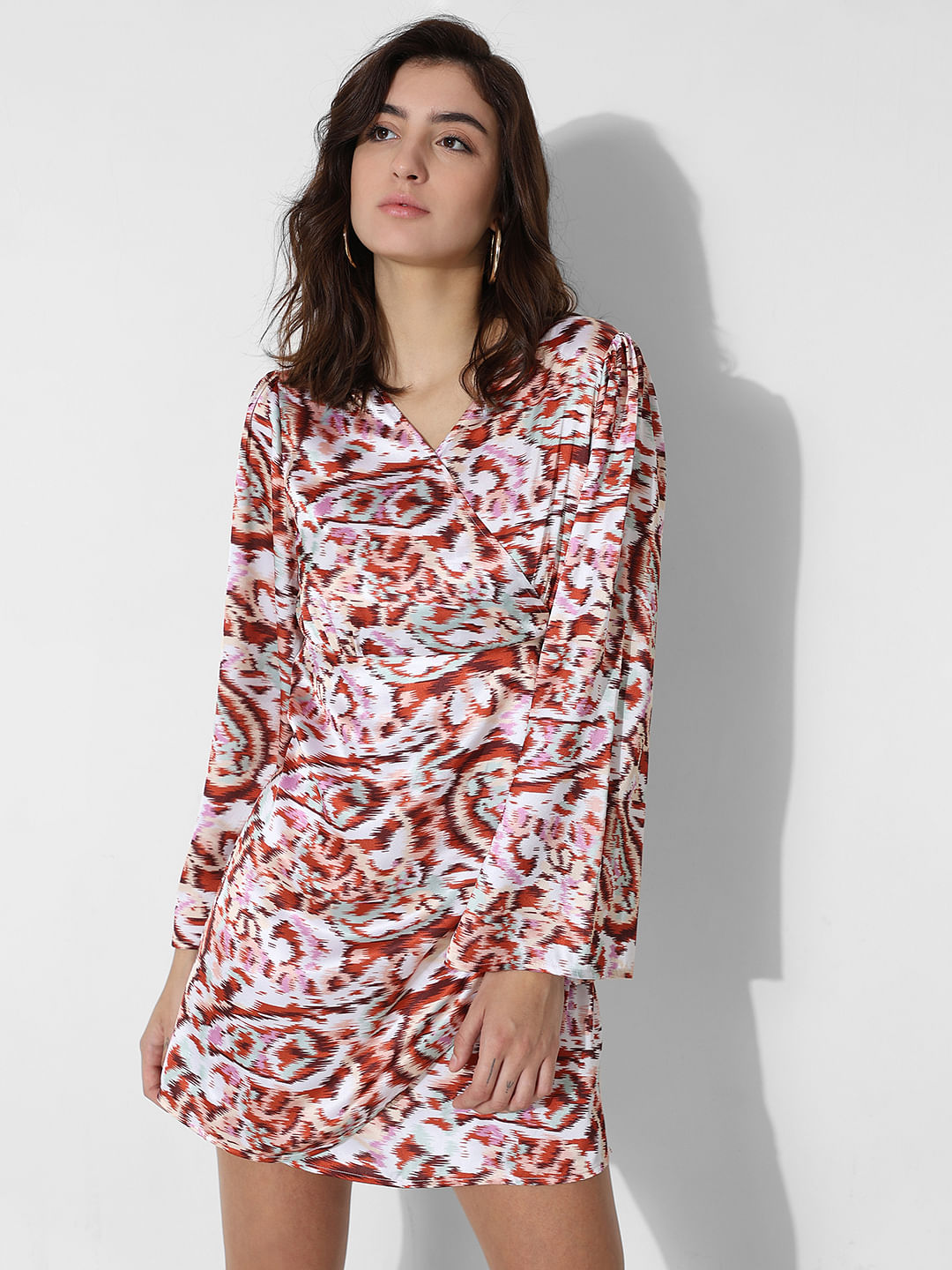 White Printed Wrap Satin Dress