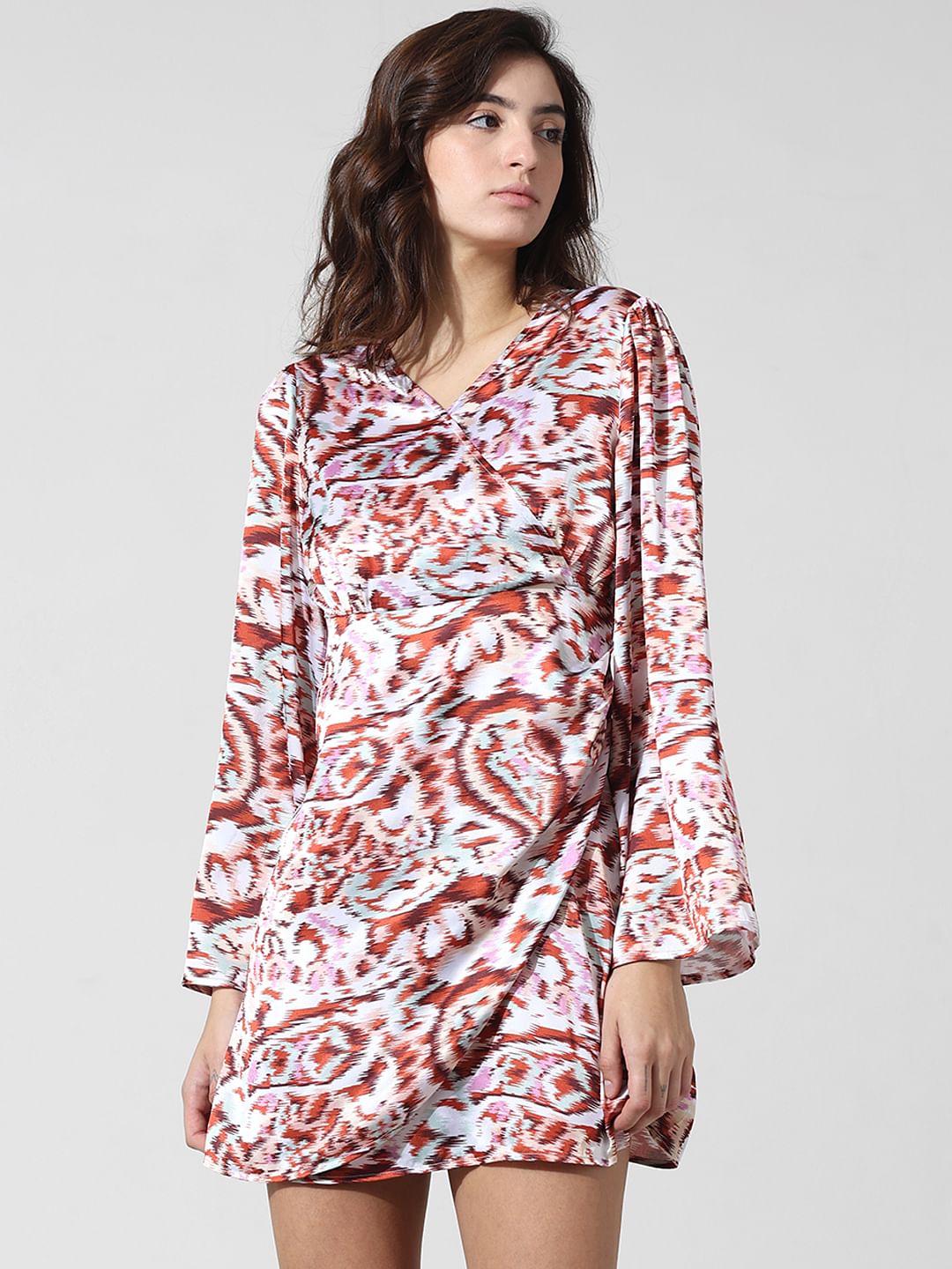 White Printed Wrap Satin Dress