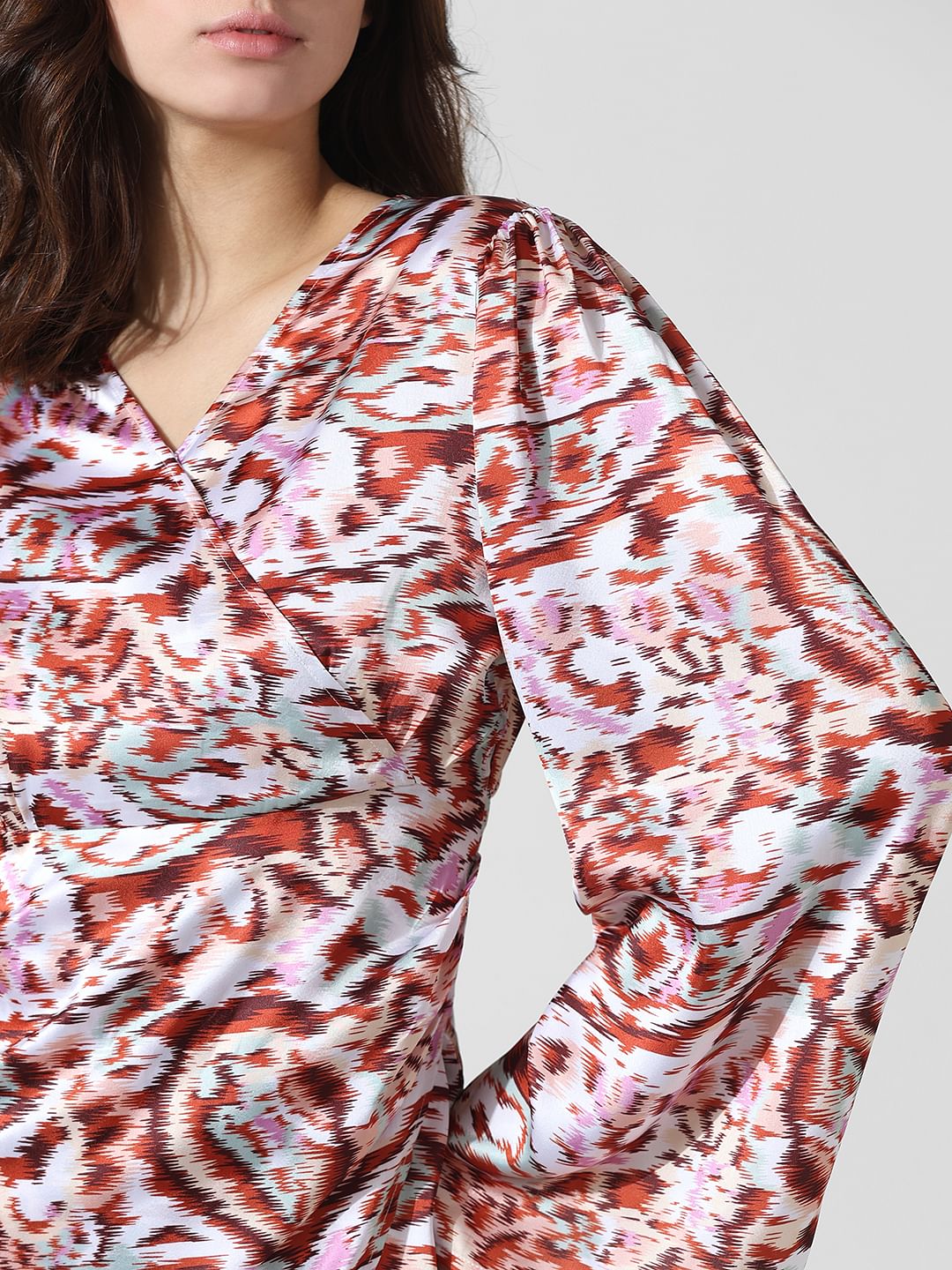 White Printed Wrap Satin Dress