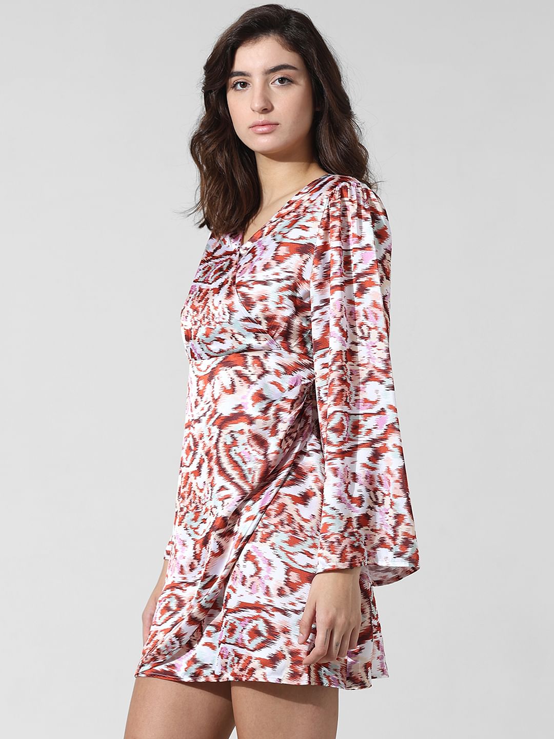 White Printed Wrap Satin Dress