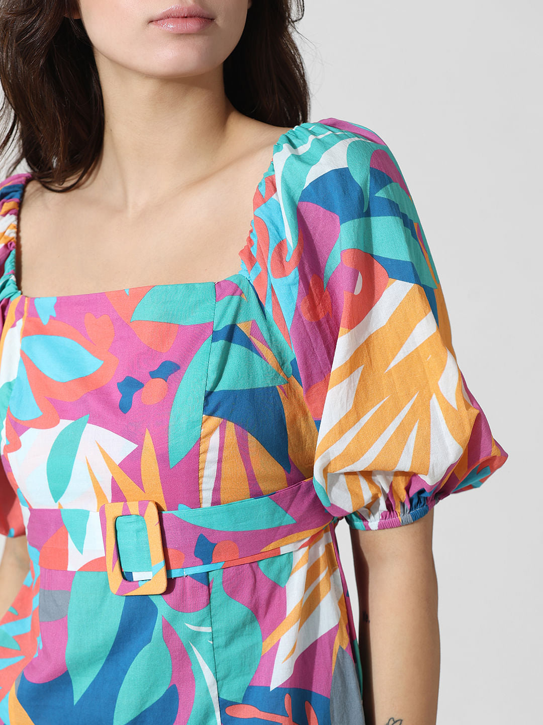 Multi-Colour Belted Cotton Dress