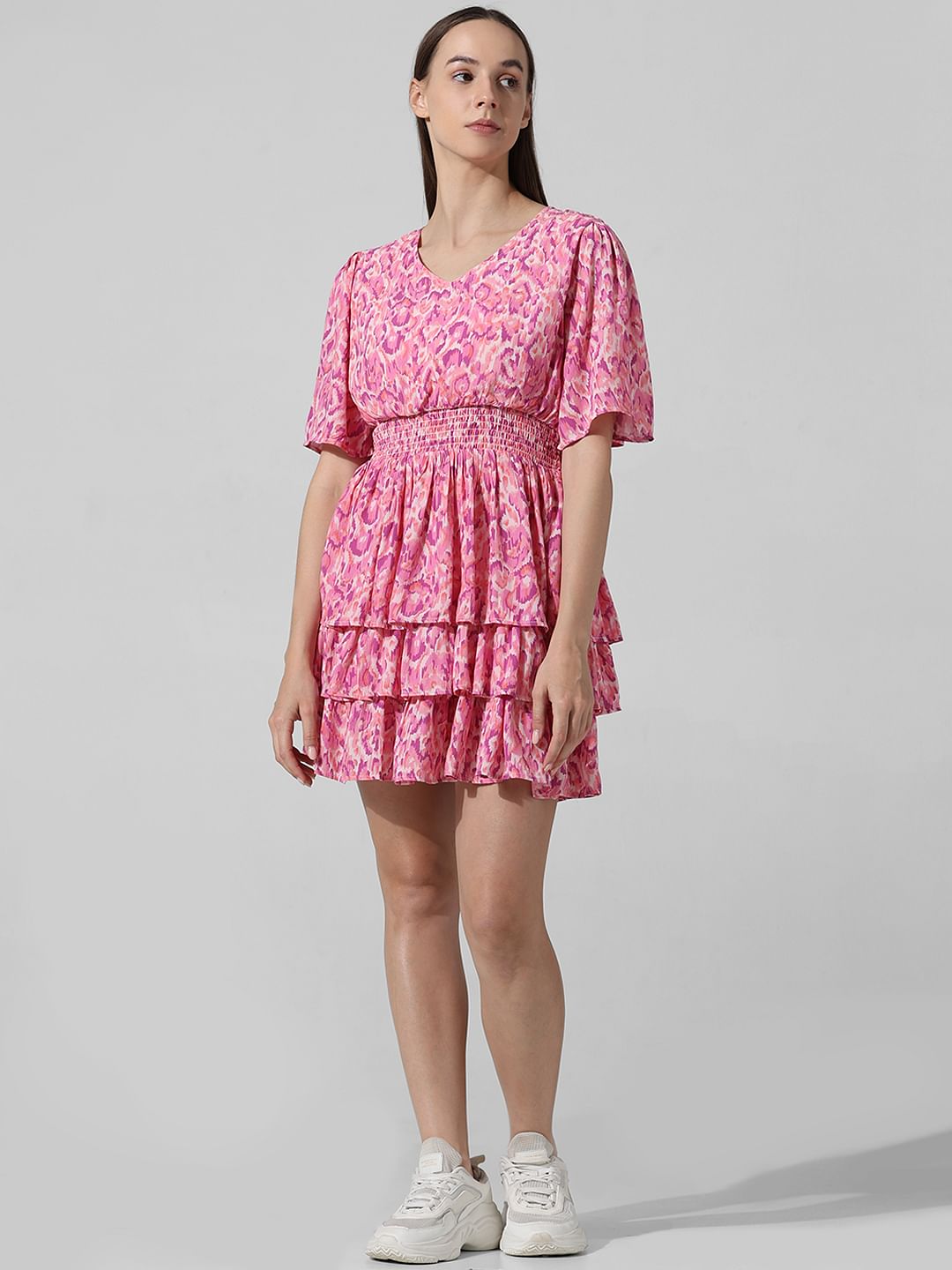 Pink Abstract Print Smocked Dress