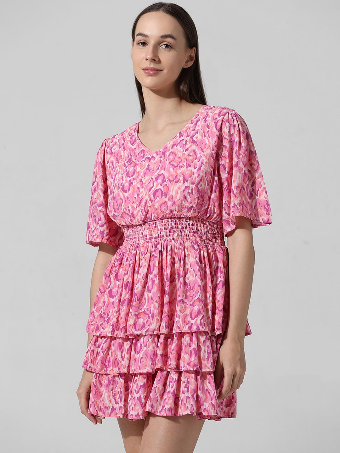 Pink Abstract Print Smocked Dress