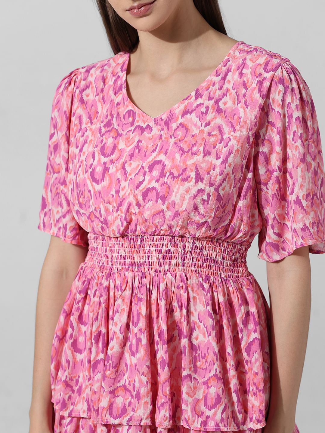 Pink Abstract Print Smocked Dress