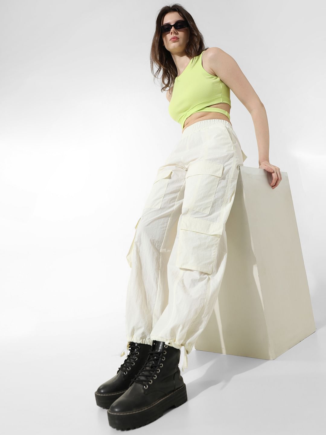 White Mid Rise Parachute Pants