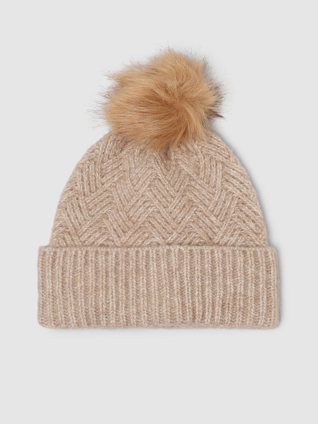 Beige Rib-Knit Beanie