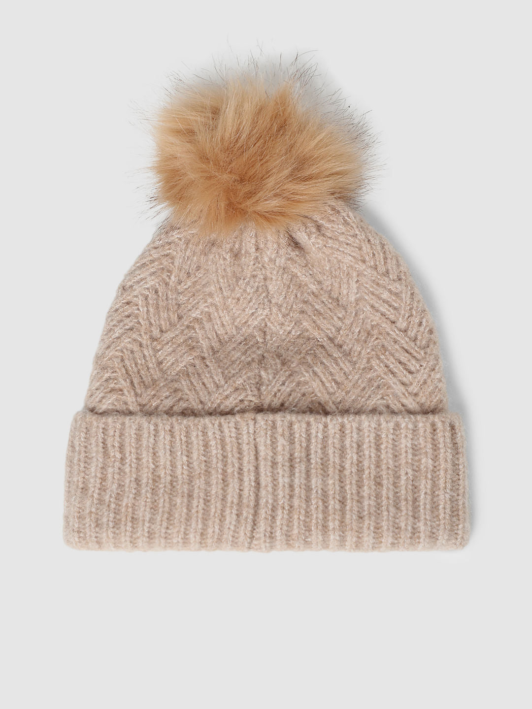 Beige Rib-Knit Beanie