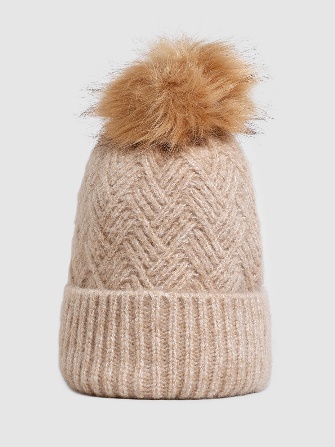 Beige Rib-Knit Beanie