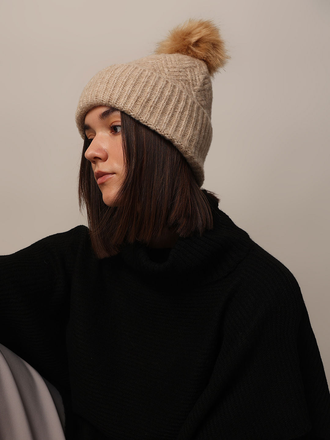 Beige Rib-Knit Beanie