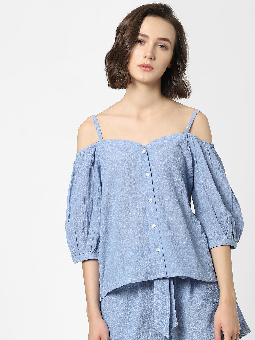 Blue Cold Shoulder Co-Ord Top