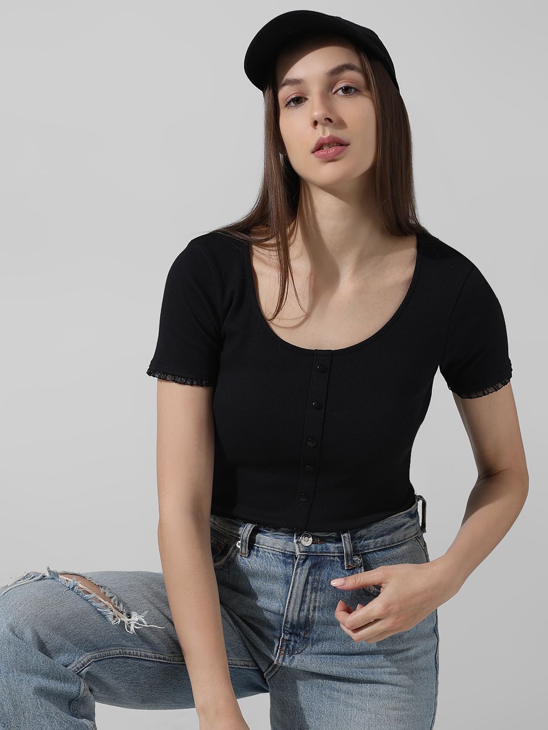 Black Ribbed Frill Trim Top