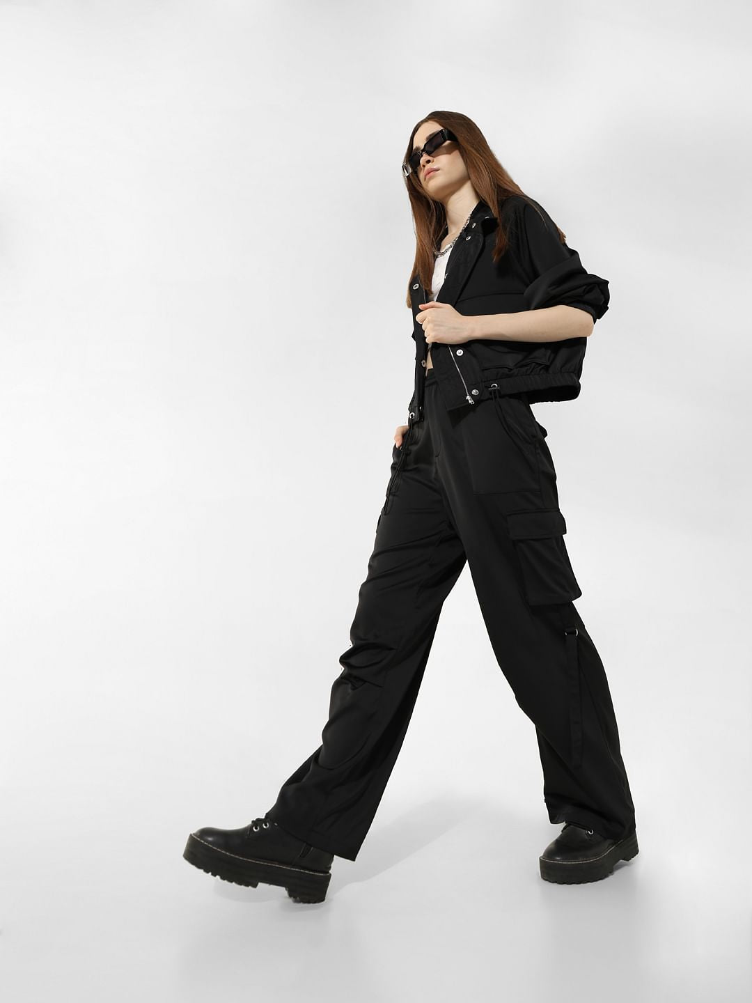 Black High Rise Co-Ord Set Cargo Pants
