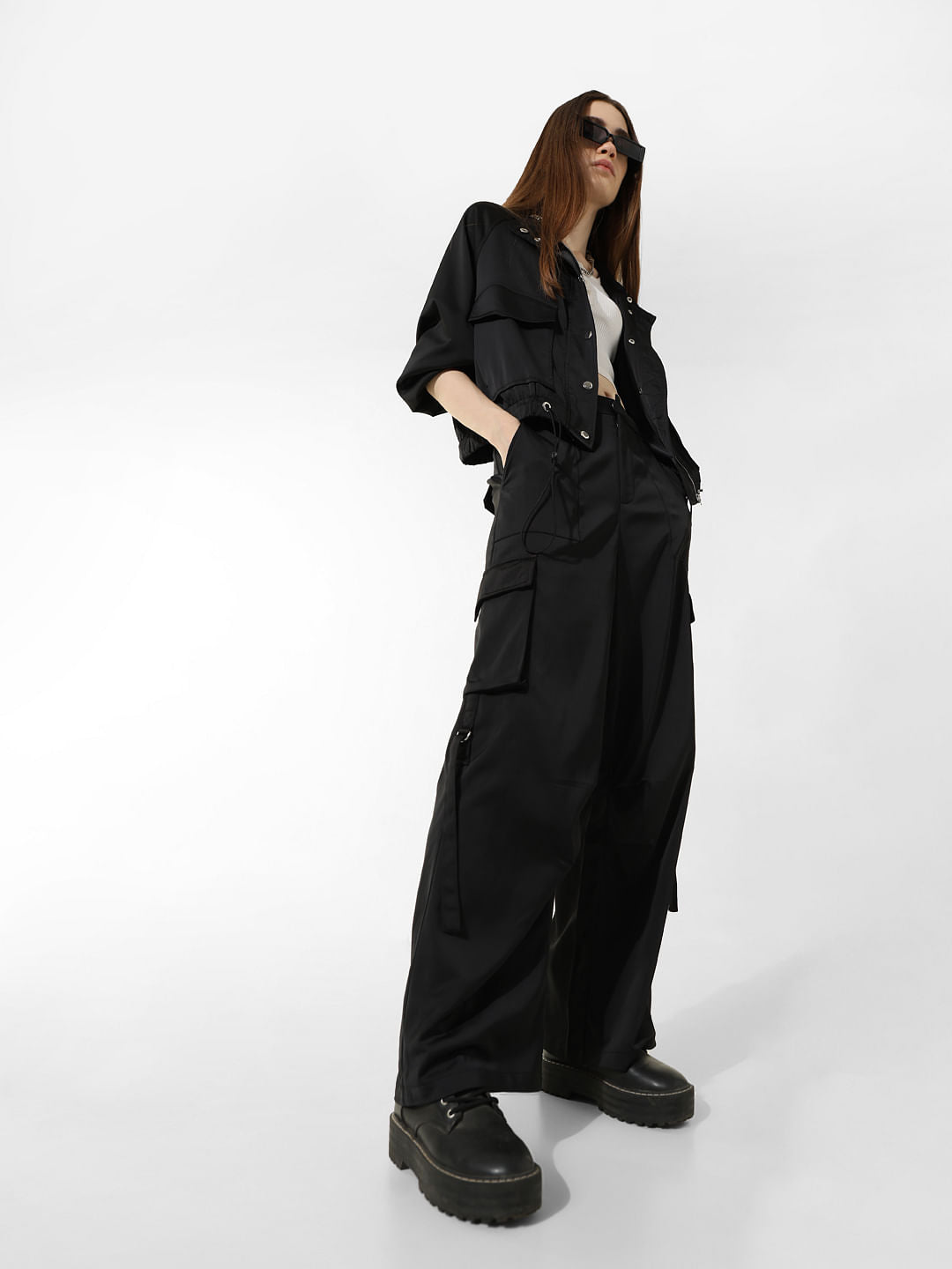Black High Rise Co-Ord Set Cargo Pants