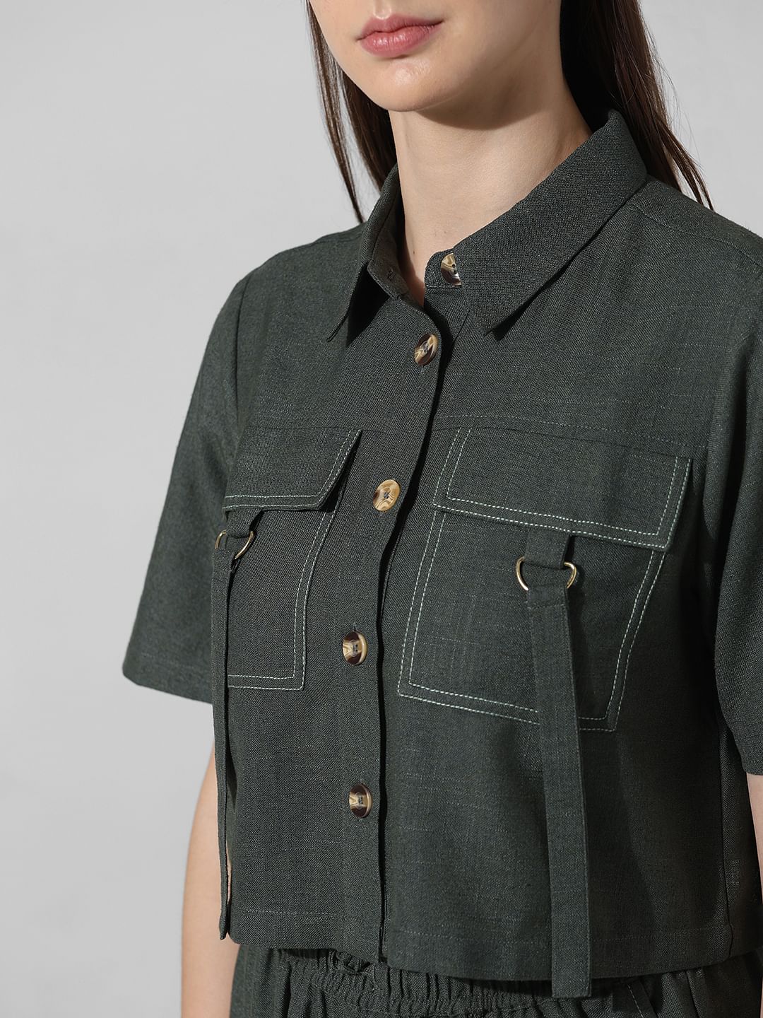 Dark Green Cropped Co-Ord Set Shirt