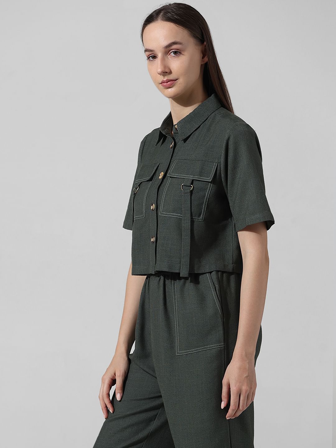 Dark Green Cropped Co-Ord Set Shirt