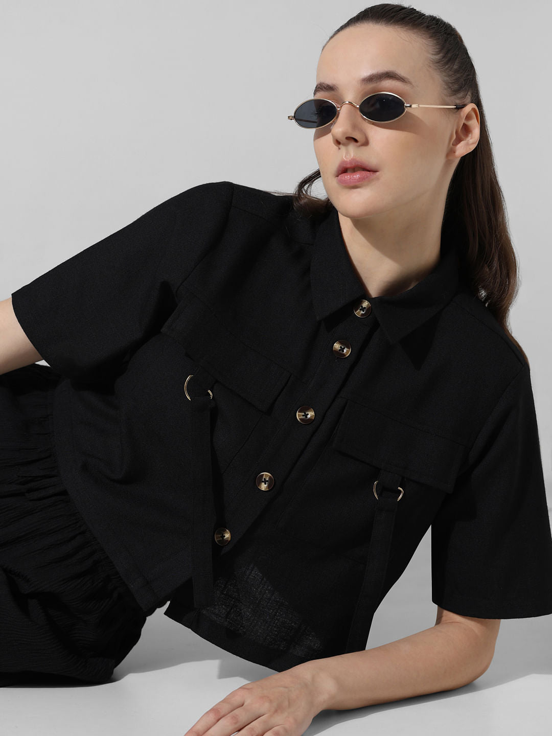 Black Cropped Co-Ord Set Shirt