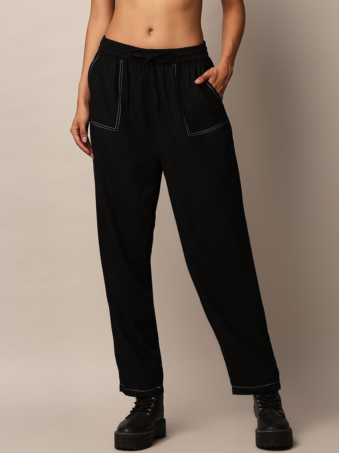 Black Mid Rise Contrast Stitch Pants