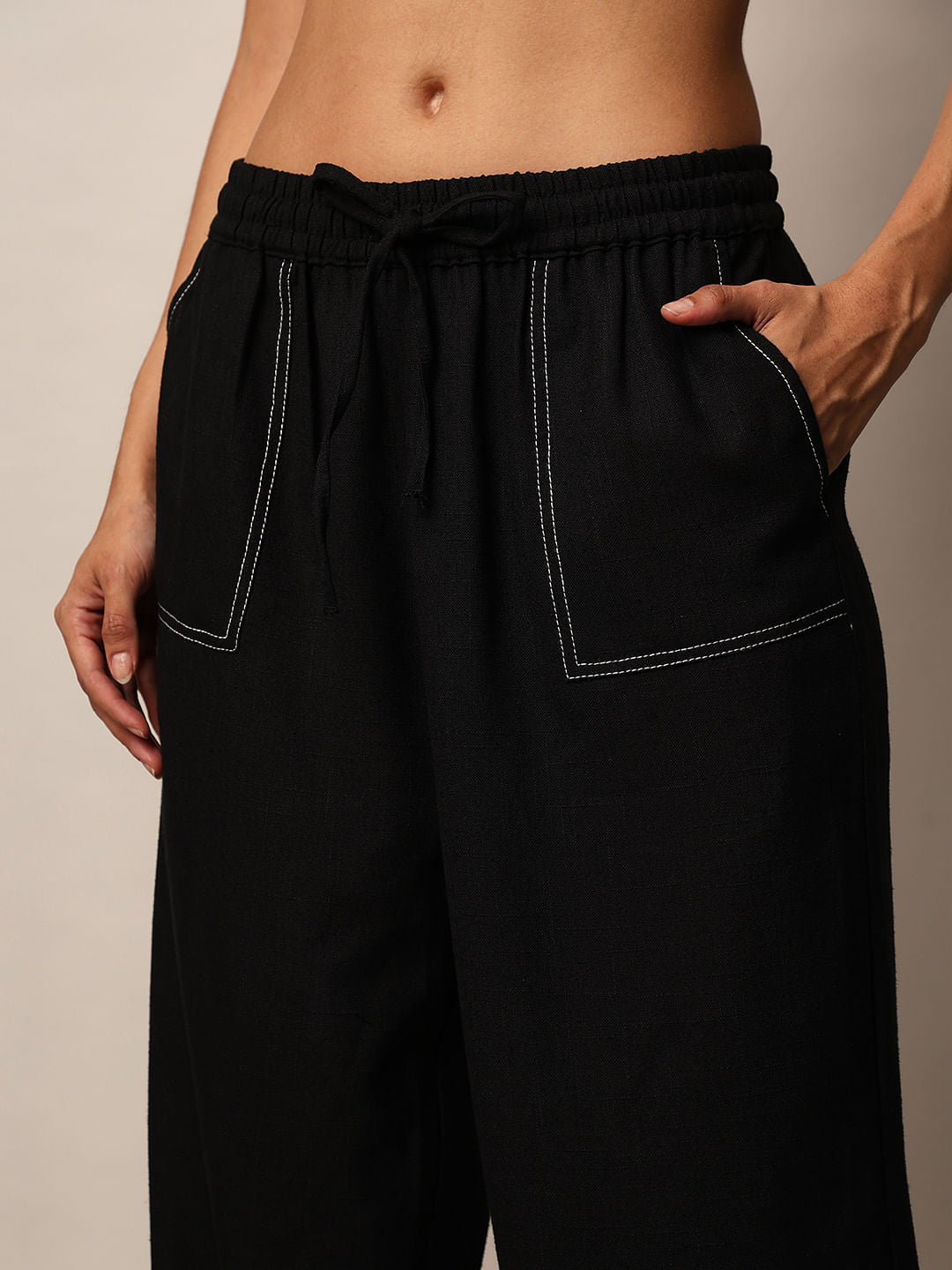 Black Mid Rise Contrast Stitch Pants