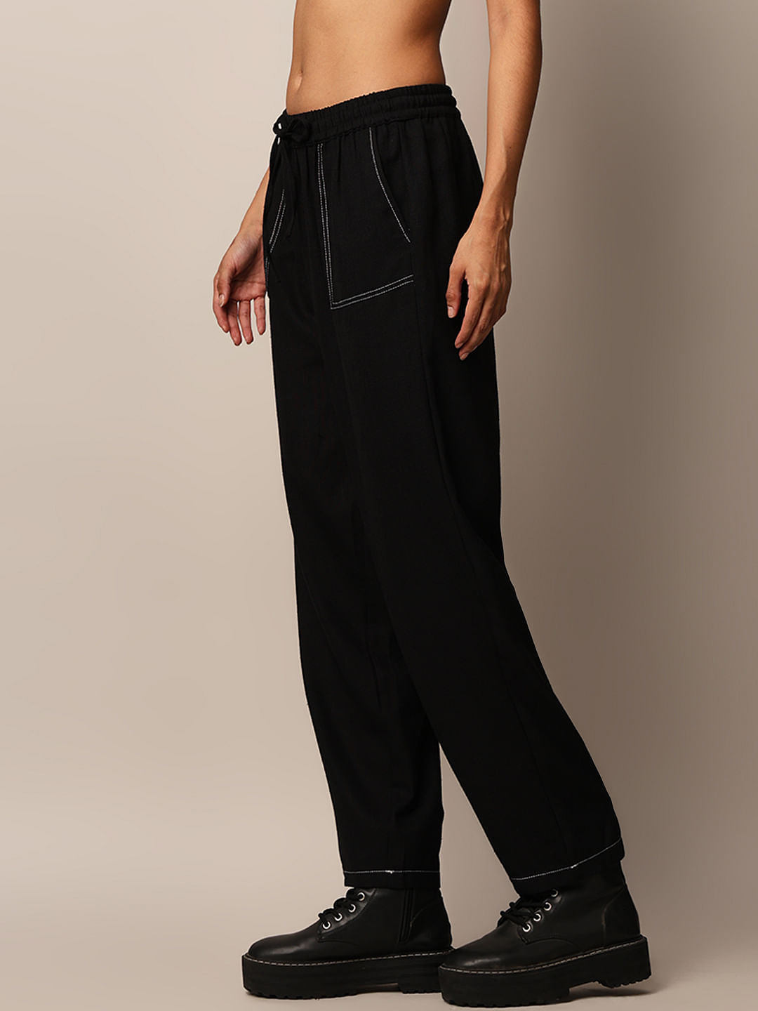 Black Mid Rise Contrast Stitch Pants