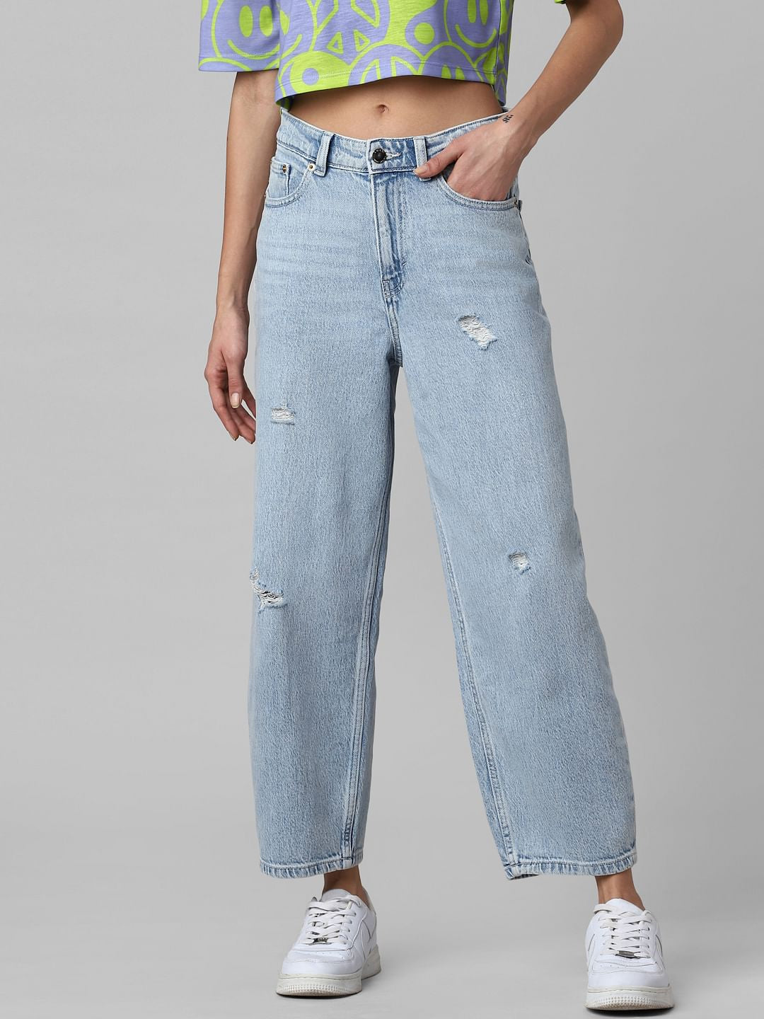 Blue High Rise Distressed Balloon Jeans