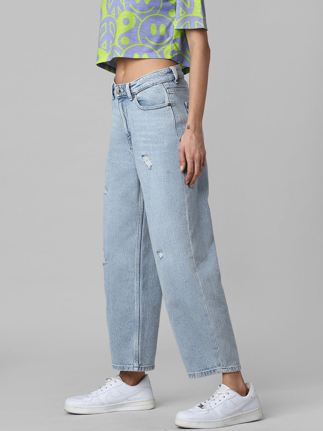 Blue High Rise Distressed Balloon Jeans
