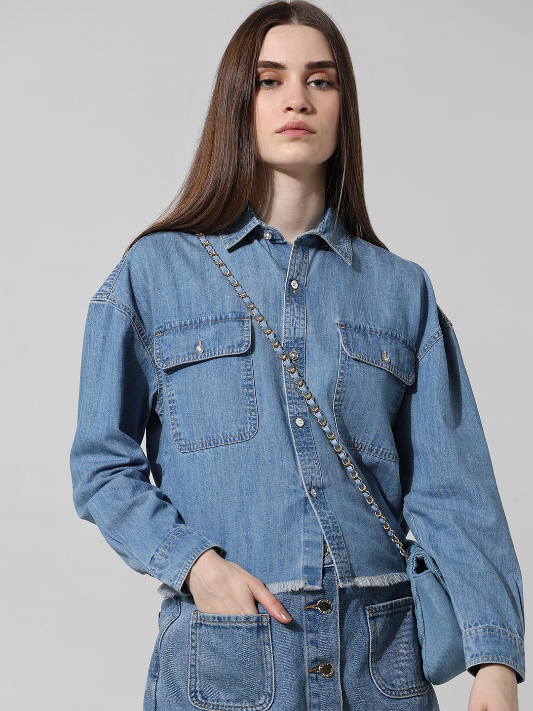 Blue Boxy Fit Cropped Denim Shirt