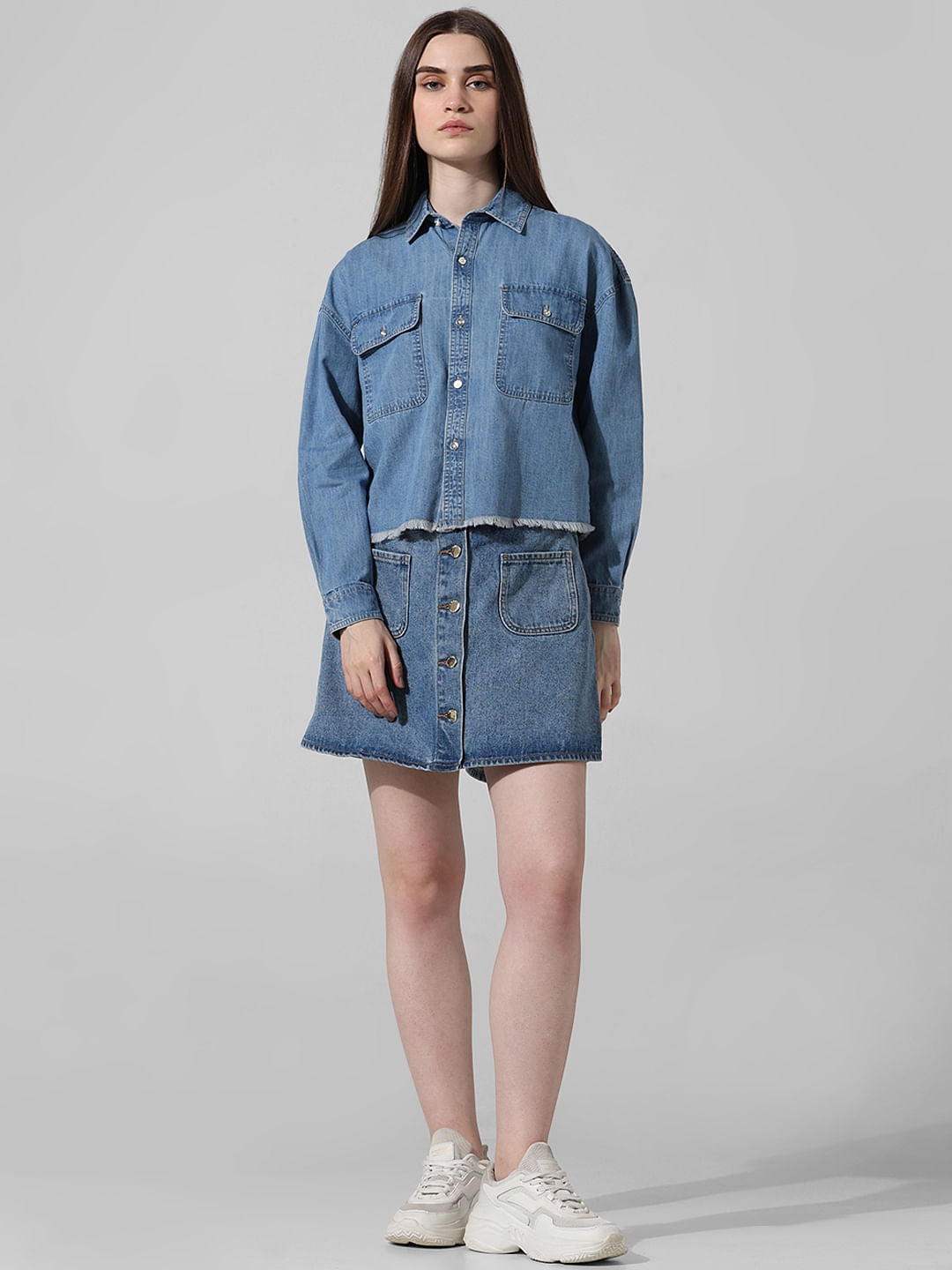 Blue Boxy Fit Cropped Denim Shirt