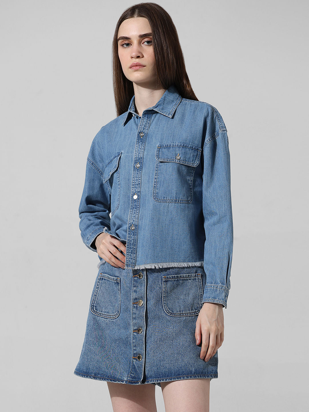 Blue Boxy Fit Cropped Denim Shirt