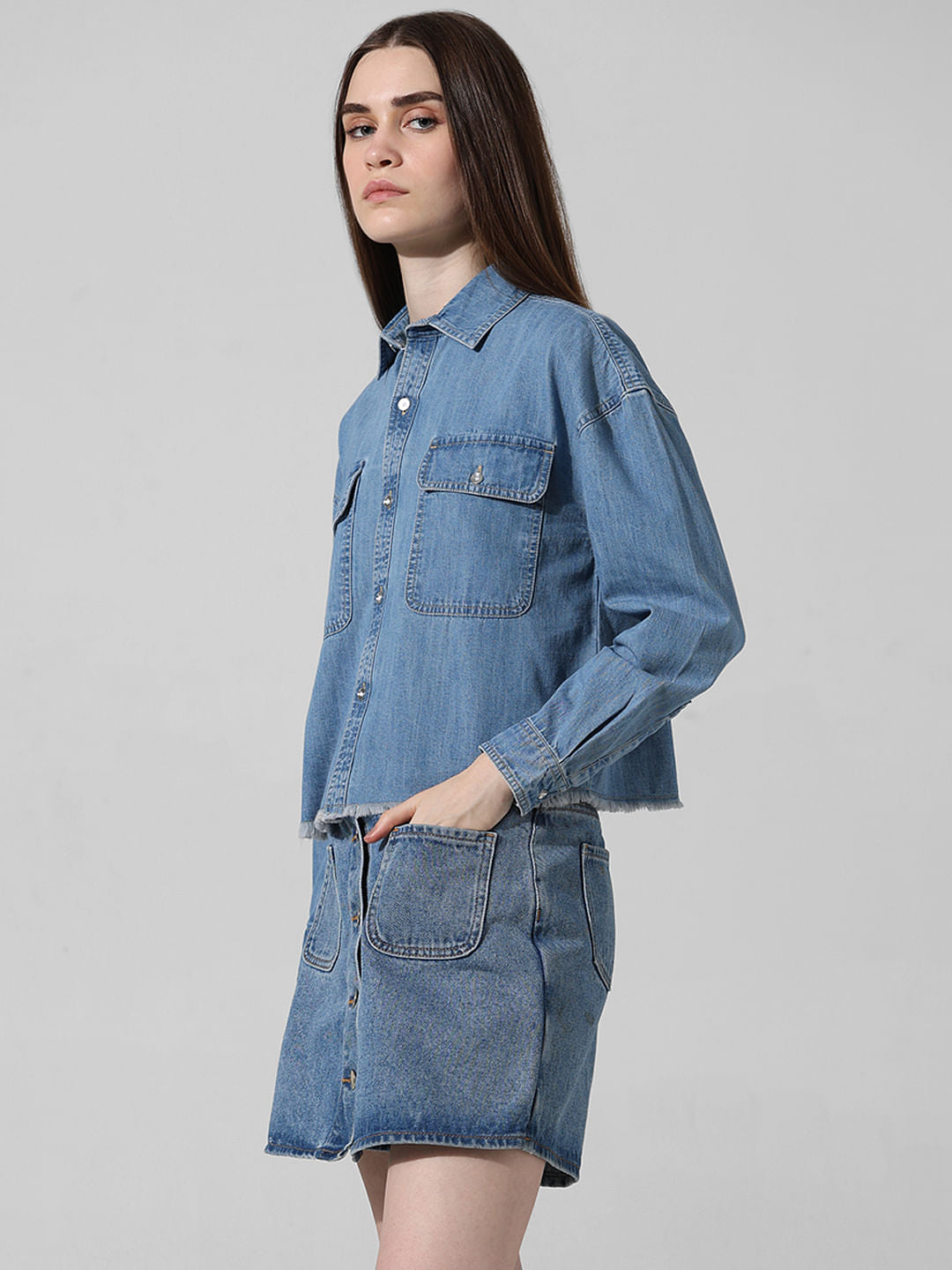 Blue Boxy Fit Cropped Denim Shirt