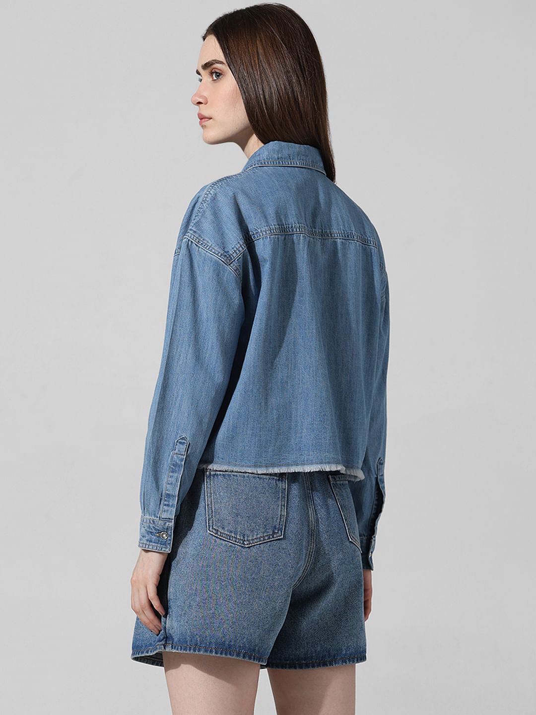 Blue Boxy Fit Cropped Denim Shirt