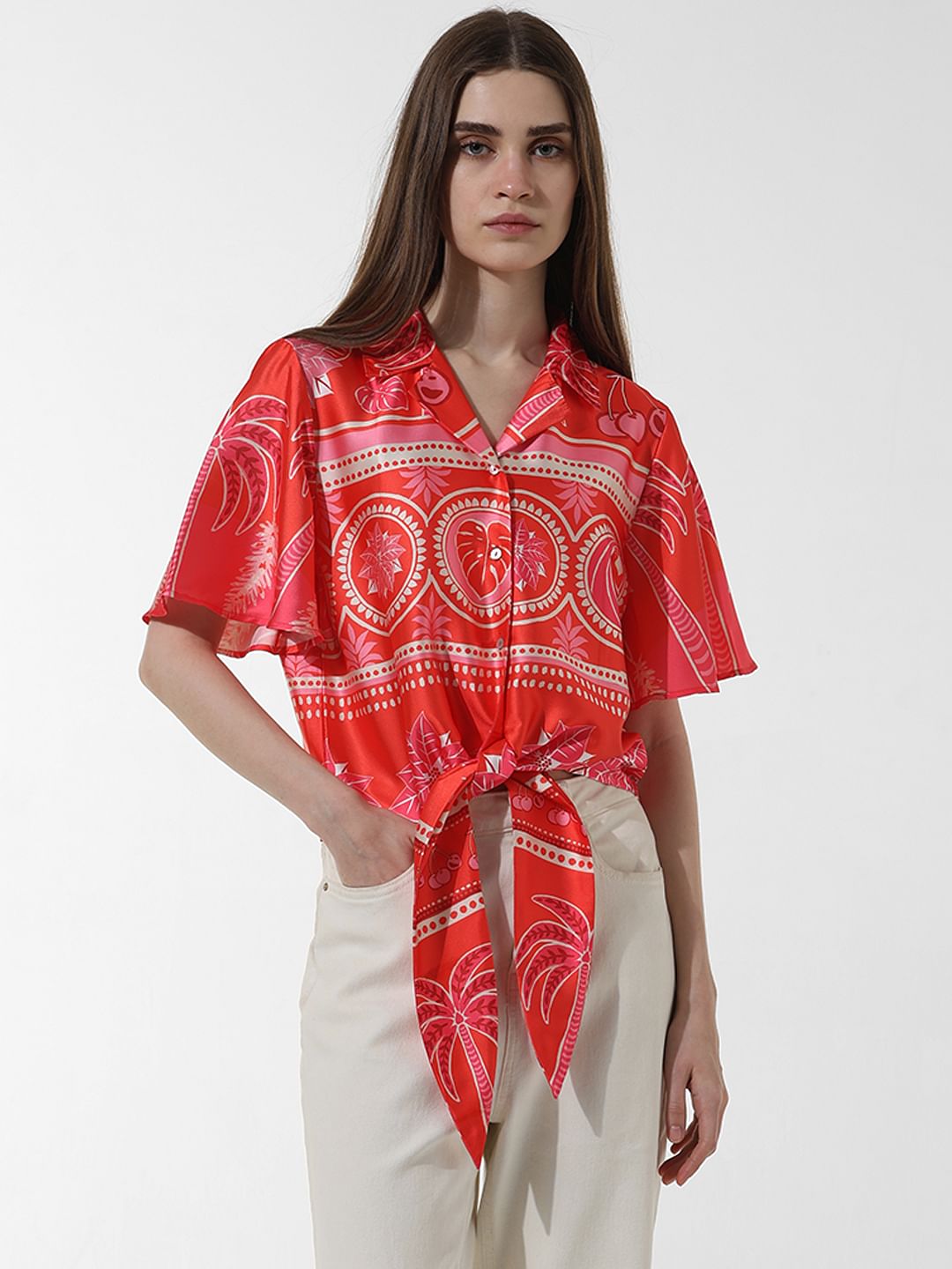 Red Printed Satin Shirt