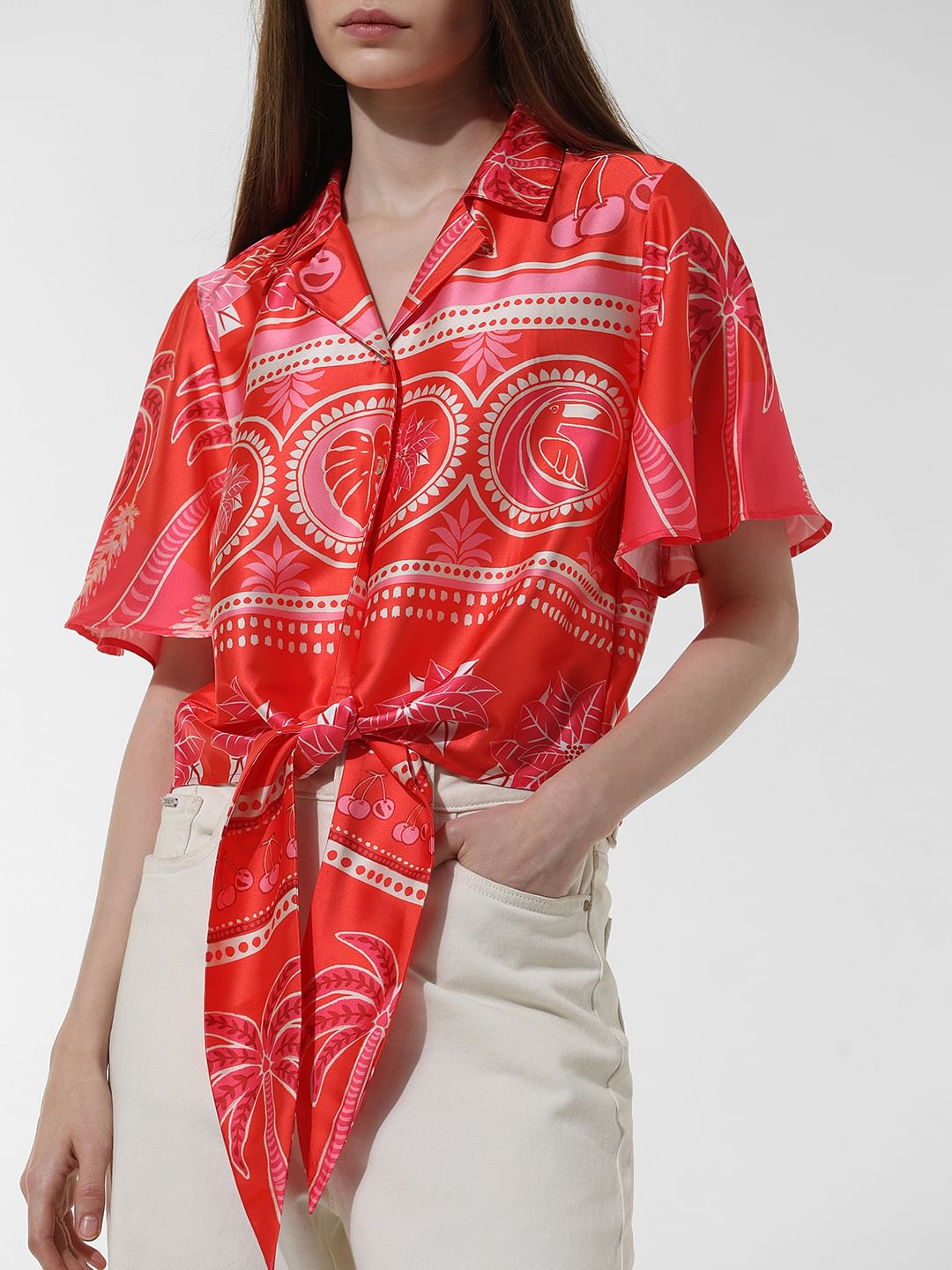 Red Printed Satin Shirt