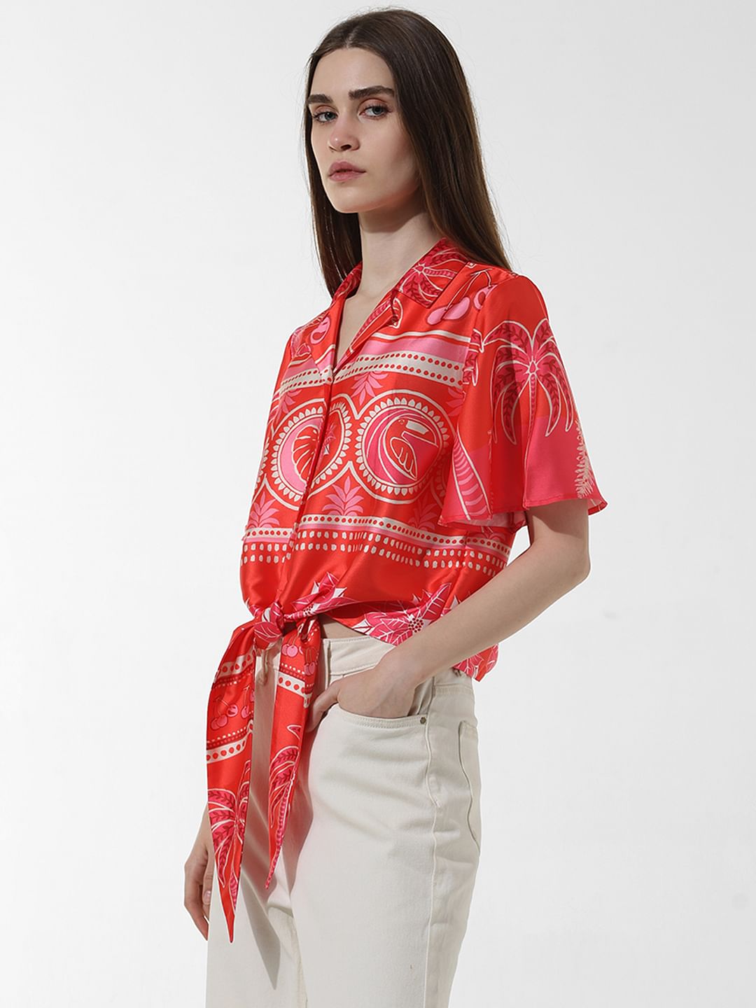 Red Printed Satin Shirt